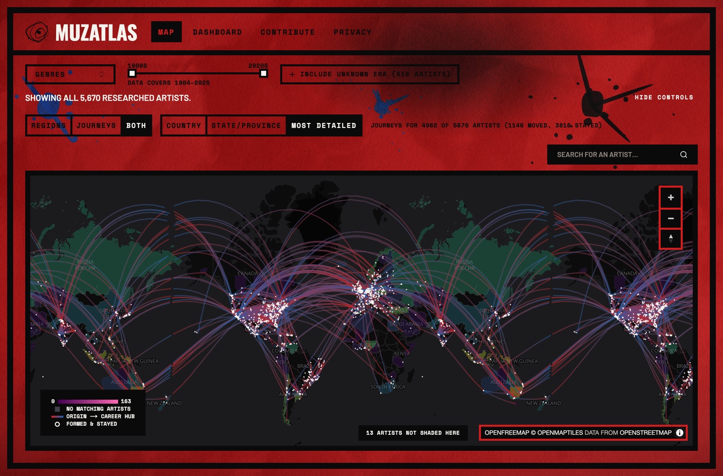 MuzAtlas world map tracing artists from where they formed to where their careers took hold